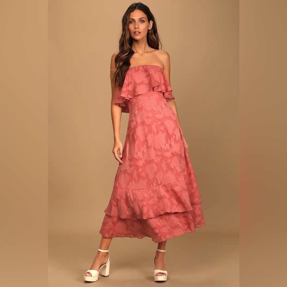 Love You So Truly Rusty Rose Burnout Floral Strapless Midi Dress ~ Size: Medium